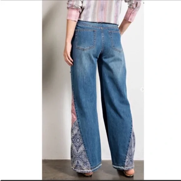 Patchwork Boho Flare Wide Leg Light Washed Denim Jeans - Picture 5 of 8